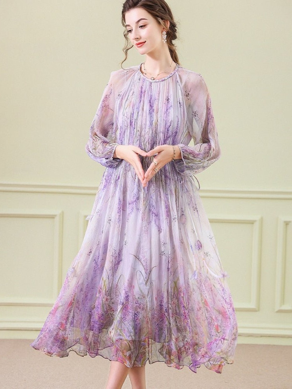 SLIPINTOSOFT Floral Silk Midi Dress w/ Sheer Long Sleeves in Pink - L